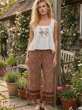 POL Cream Embroidered Square-Neck Peplum Tank